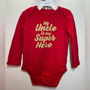 Carter’s Baby Bodysuit Red Long Sleeve — Gold Uncle Print 18M